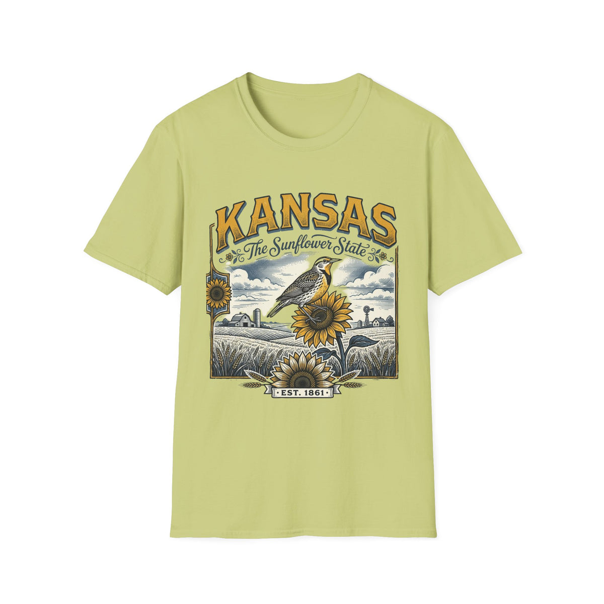 Kansas The Sunflower State T-Shirt | Vintage Meadow Bird Sunflower Design