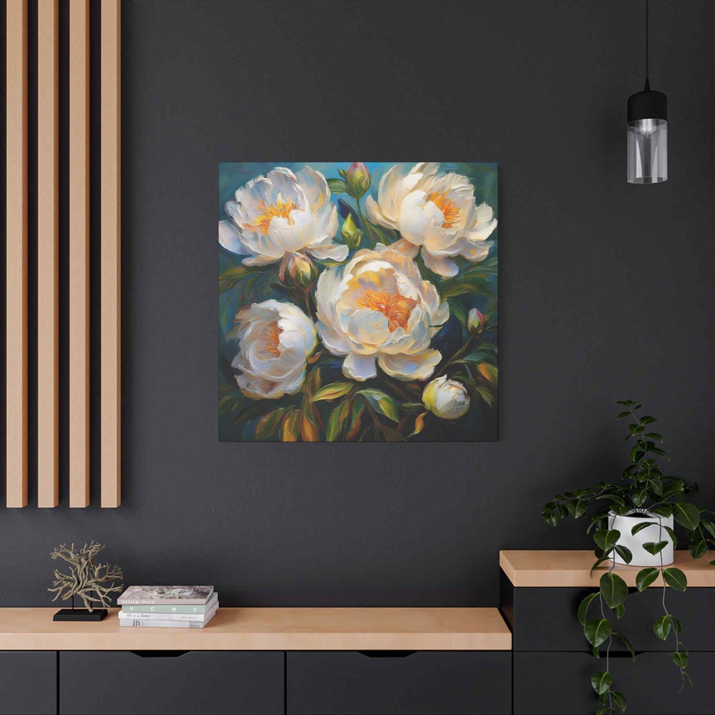 White Peonies Print Canvas, Floral Oil Paint Print 20x20, 24x24, 30x30, 32x32, 36x36 Art Design Pine-Wood Inner Frame MC-118