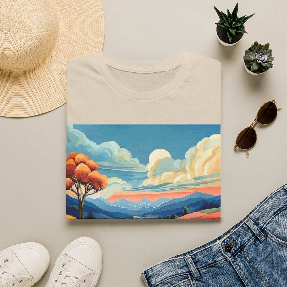 Colorful Mountain Landscape Graphic Posters, Post Stamps Design Unisex 100 Cotton Gildan T-Shirt