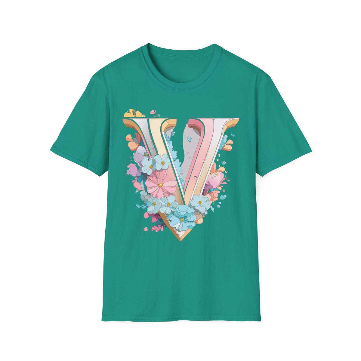 Floral Letter V T-Shirt | Pastel Vintage Monogram Tee