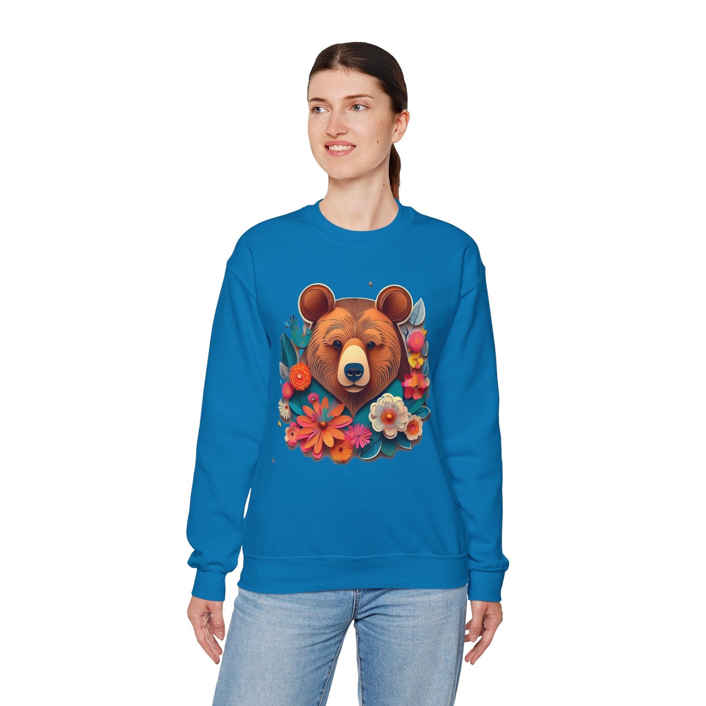 Unisex Floral Bear Sweatshirt Art Design Gildan 18000 Heavy Blend Crewneck