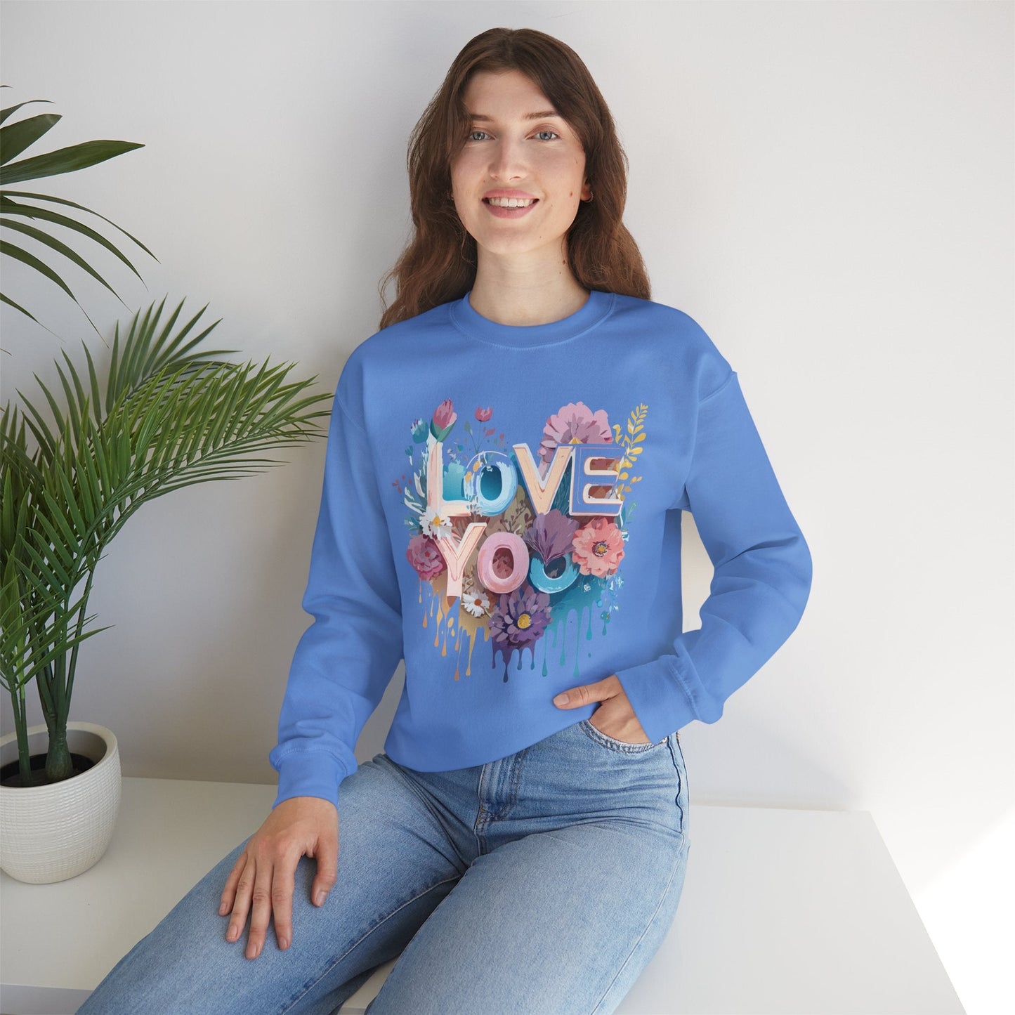 Floral Love Sweatshirt Unisex Heavy Blend Crewneck Valentine Day Flower Print Cozy Fleece Warm Gift