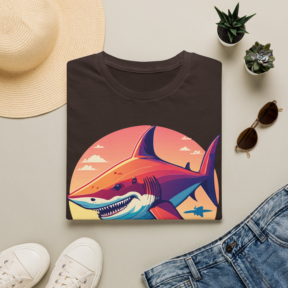 Sunset Shark Graphic T-Shirt | Retro Ocean Illustration