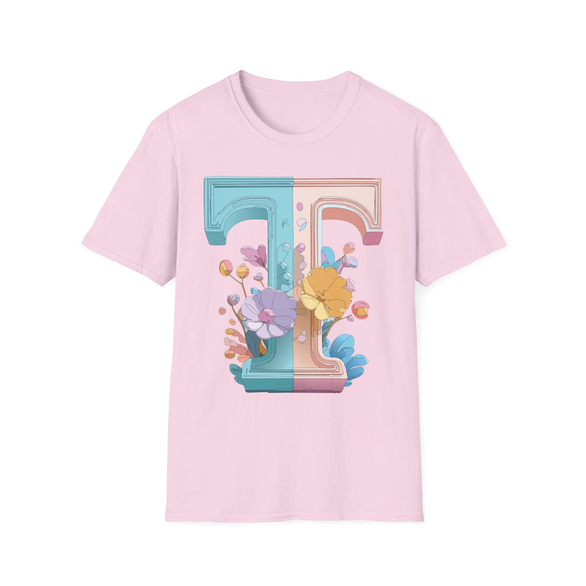 Floral Split Letter T-Shirt T Pastel Floral Initial Tee
