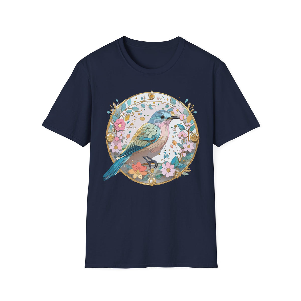 Floral Bird Illustration T-Shirt | Pastel Nature Circle Design
