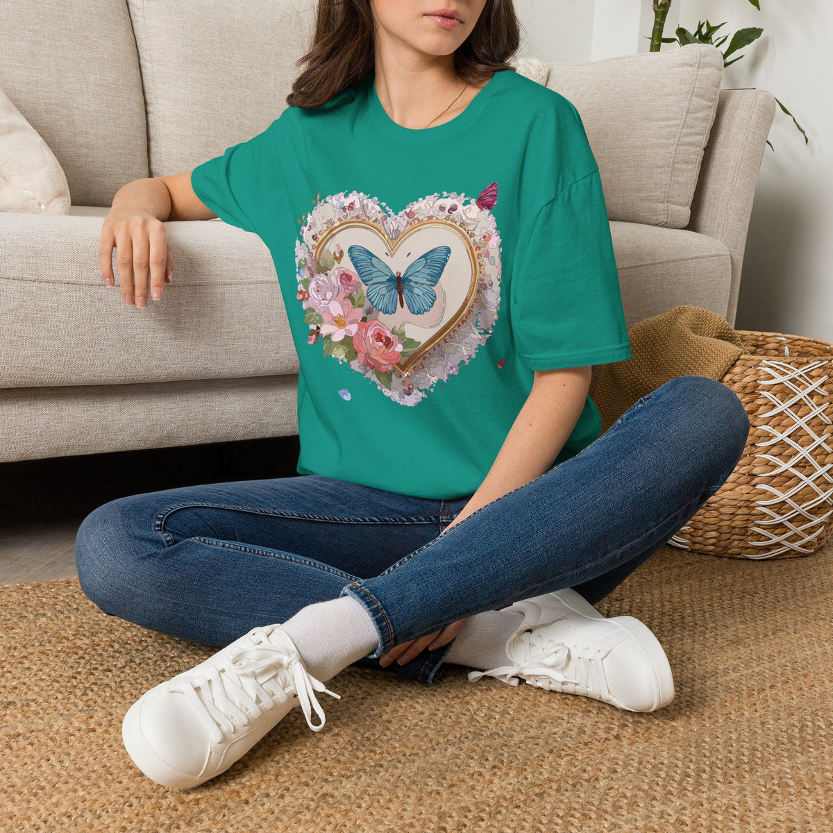 Butterfly Heart T-Shirt — Floral Blue Butterfly Graphic Tee Unisex 100 Cotton Gildan T-Shirt