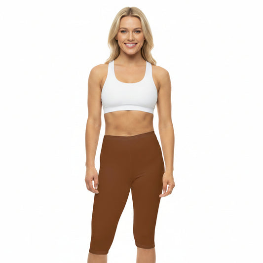 Saddle Brown Color Women's Brushed Suede Poly Span Casual Capri Leggings XS-2XL