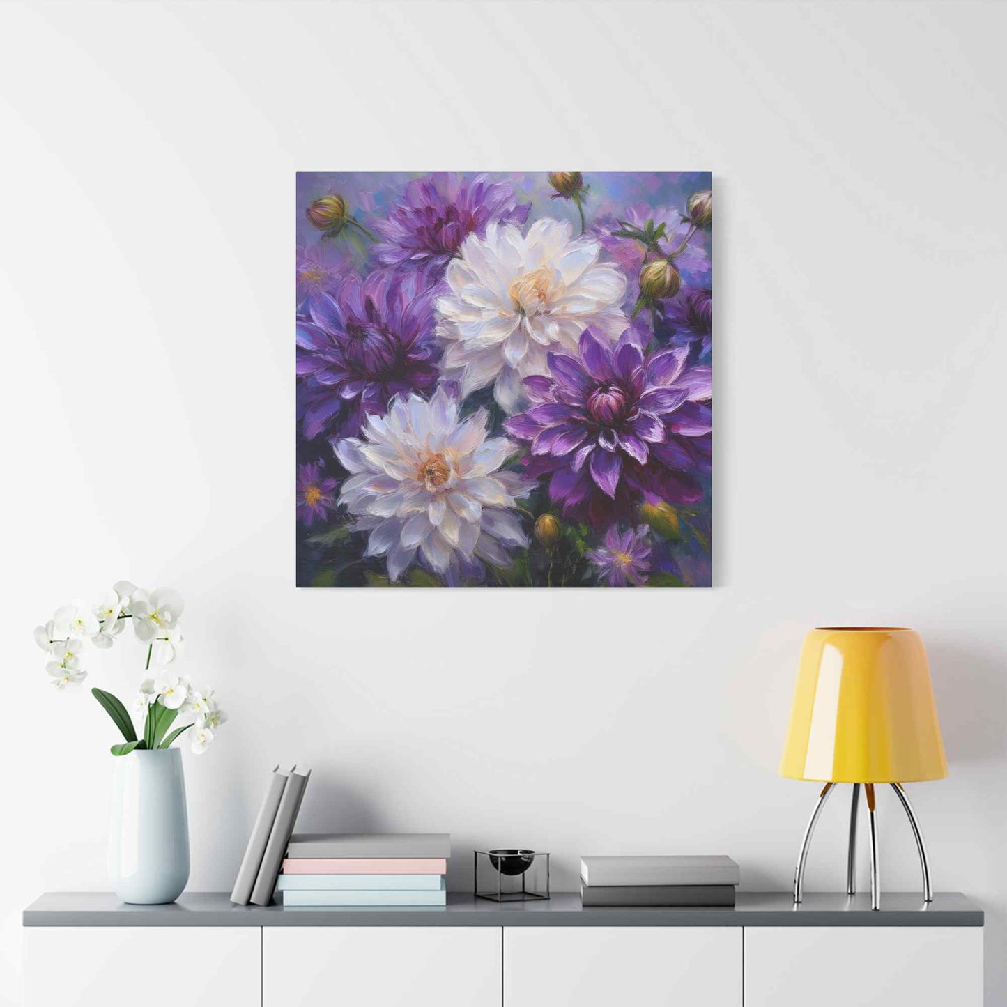 Dahlias Floral Print Canvas, Floral Oil Paint Print 20x20, 24x24, 30x30, 32x32, 36x36 Art Design Pine-Wood Inner Frame MC-171