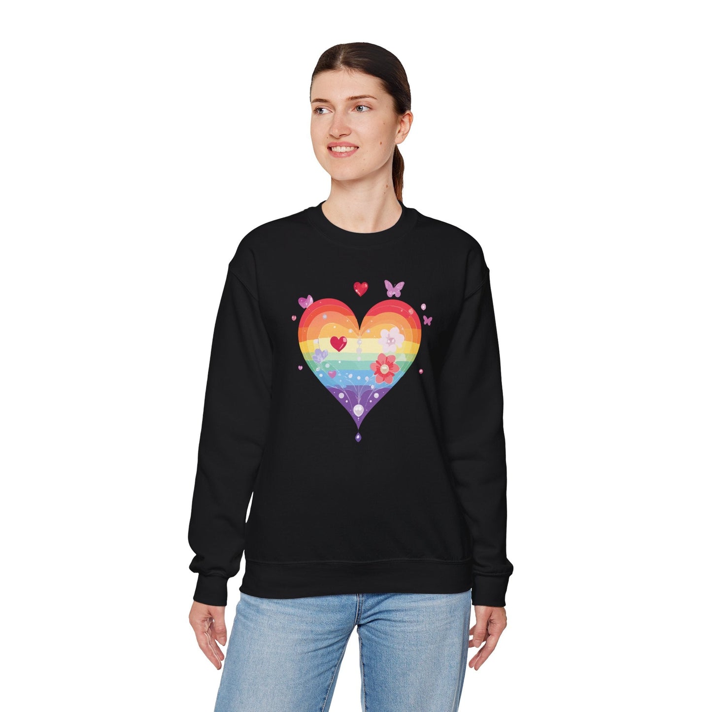 Rainbow Heart Floral Sweatshirt Unisex Valentines Day Graphic Love Sweatshirt Gift Idea