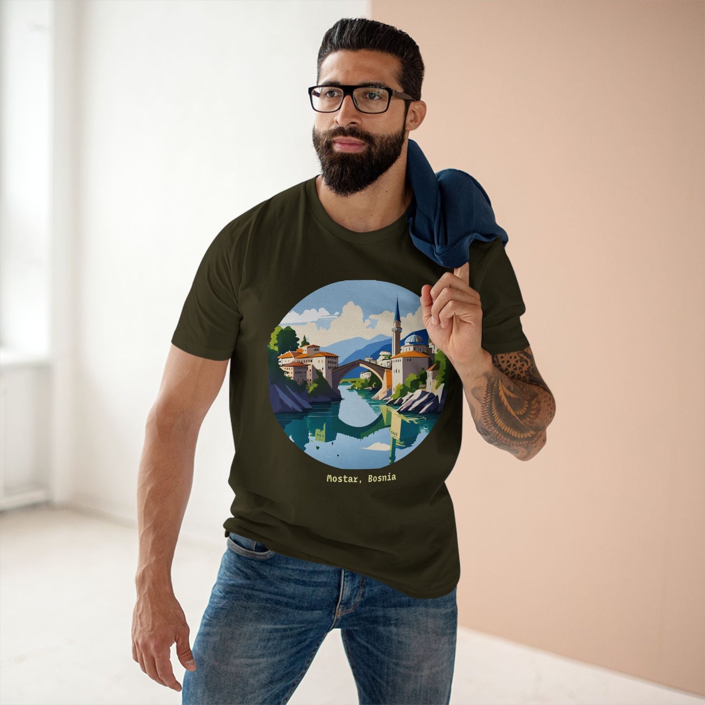 Unisex Premium Cotton Tee With Original Art Design Retro2Nova Travel And Bosnia Theme Shirt