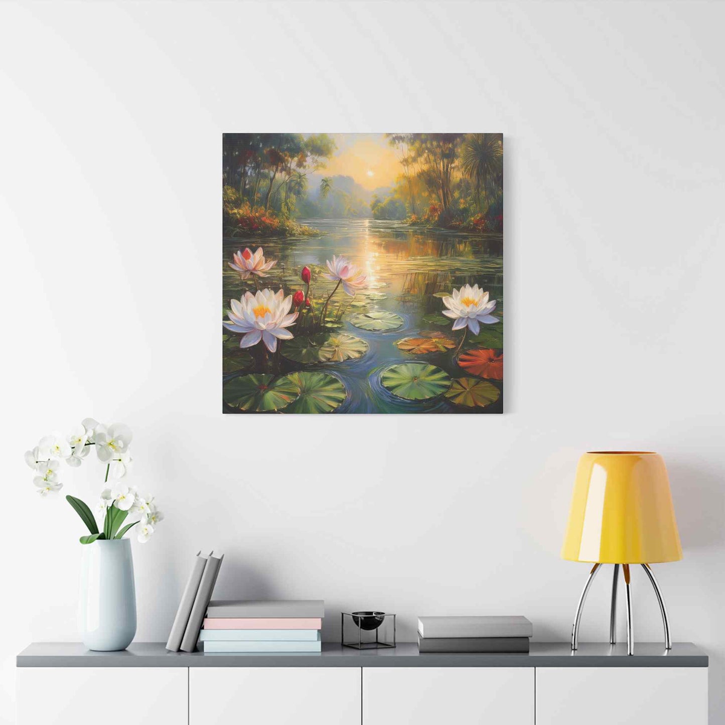 Water Lilies Print Canvas, Oil Paint Print 20x20, 24x24, 30x30, 32x32, 36x36 Floral Art Print Pine-Wood Inner Frame MC-65