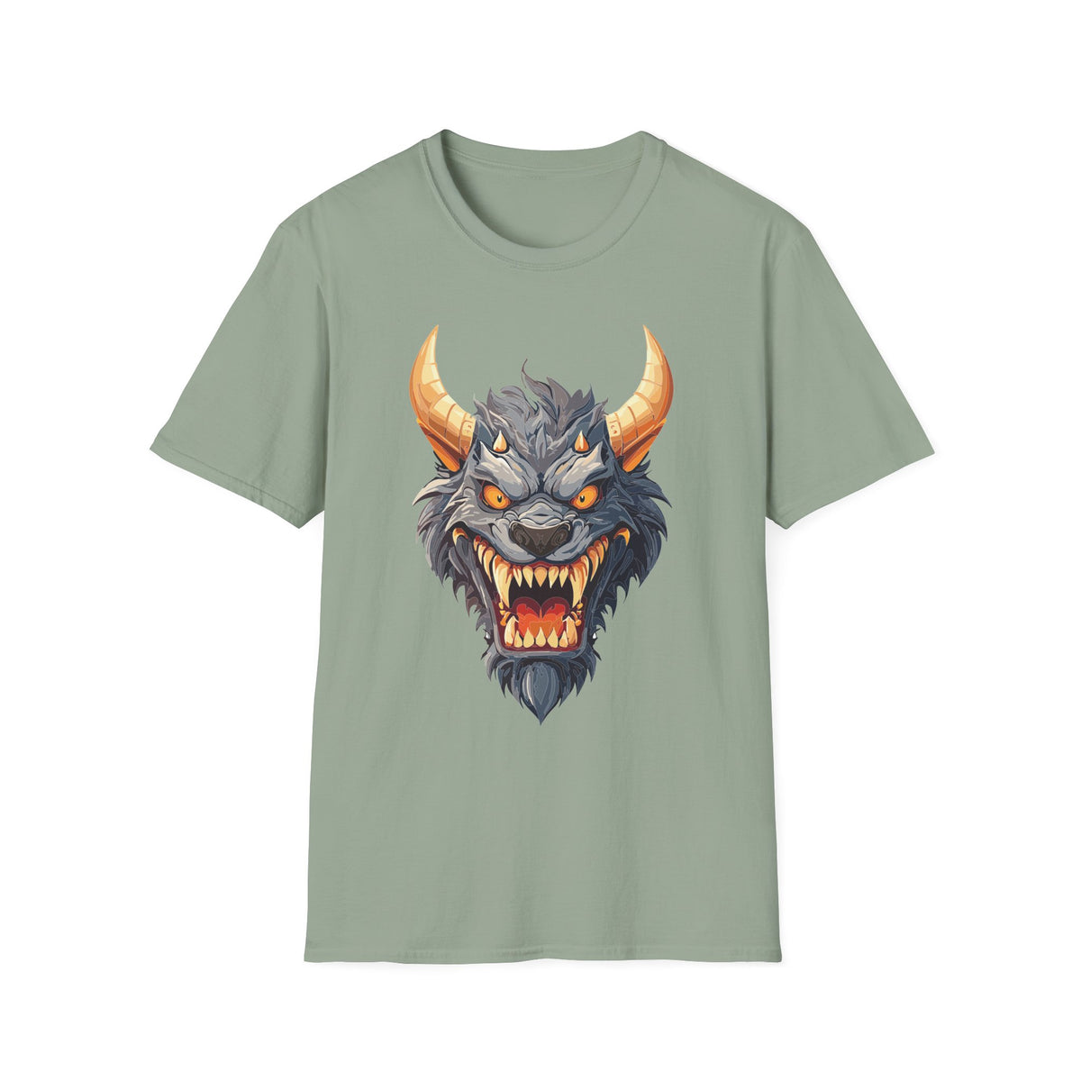 Demonic Beast Head T-Shirt — Horned Monster Cartoon Graphic Tee Unisex 100 Cotton Gildan T-Shirt