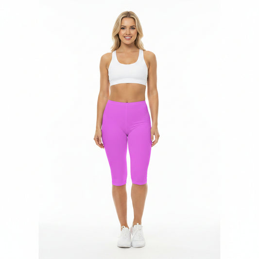 Bright Peony Purple Color Women's Brushed Suede Poly Span Casual Capri Leggings XS-2XL