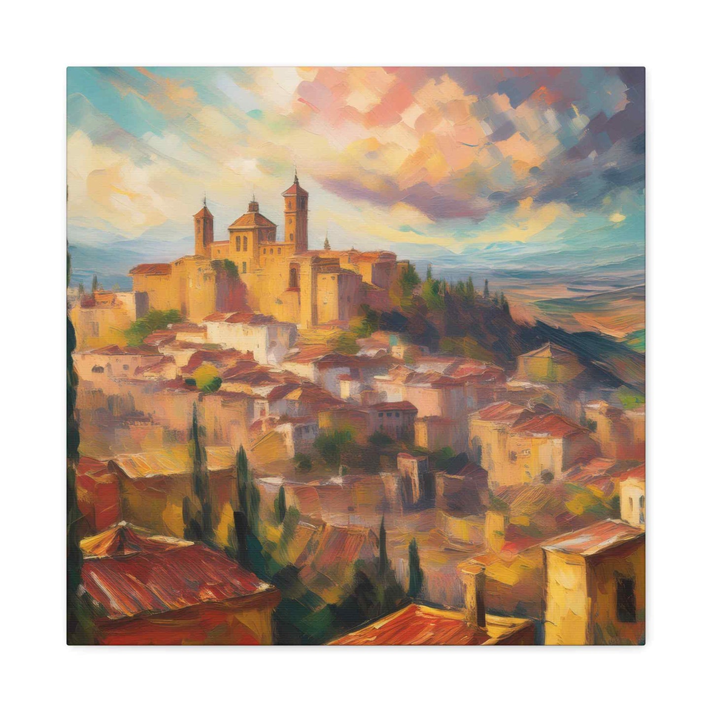 Spanish City Print Canvas, Oil Paint Print 20x20, 24x24, 30x30, 32x32, 36x36 Art Design Print Pine-Wood Inner Frame MC-58