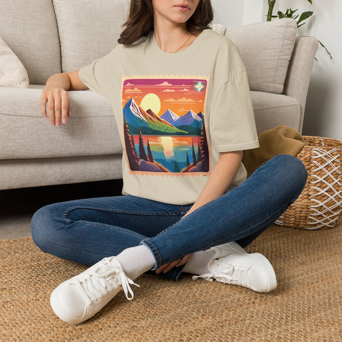 Sunset Mountain Lake landscape T-Shirt | retro postcard nature print