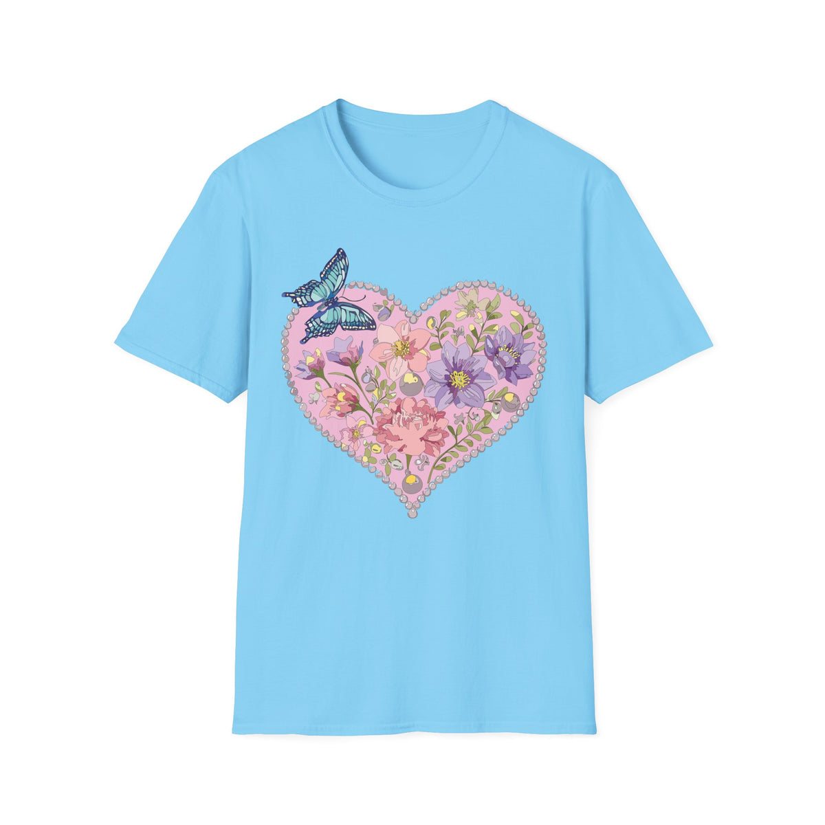 Floral Heart with Butterfly T-Shirt | Botanical Heart Graphic Tee Unisex 100 Cotton Gildan T-Shirt