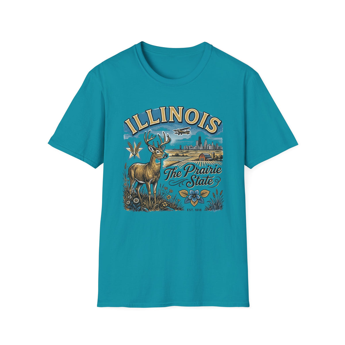 Illinois The Prairie State T-Shirt — Deer & Skyline Vintage Travel Tourist Graphic Tee Unisex 100 Cotton Gildan T-Shirt