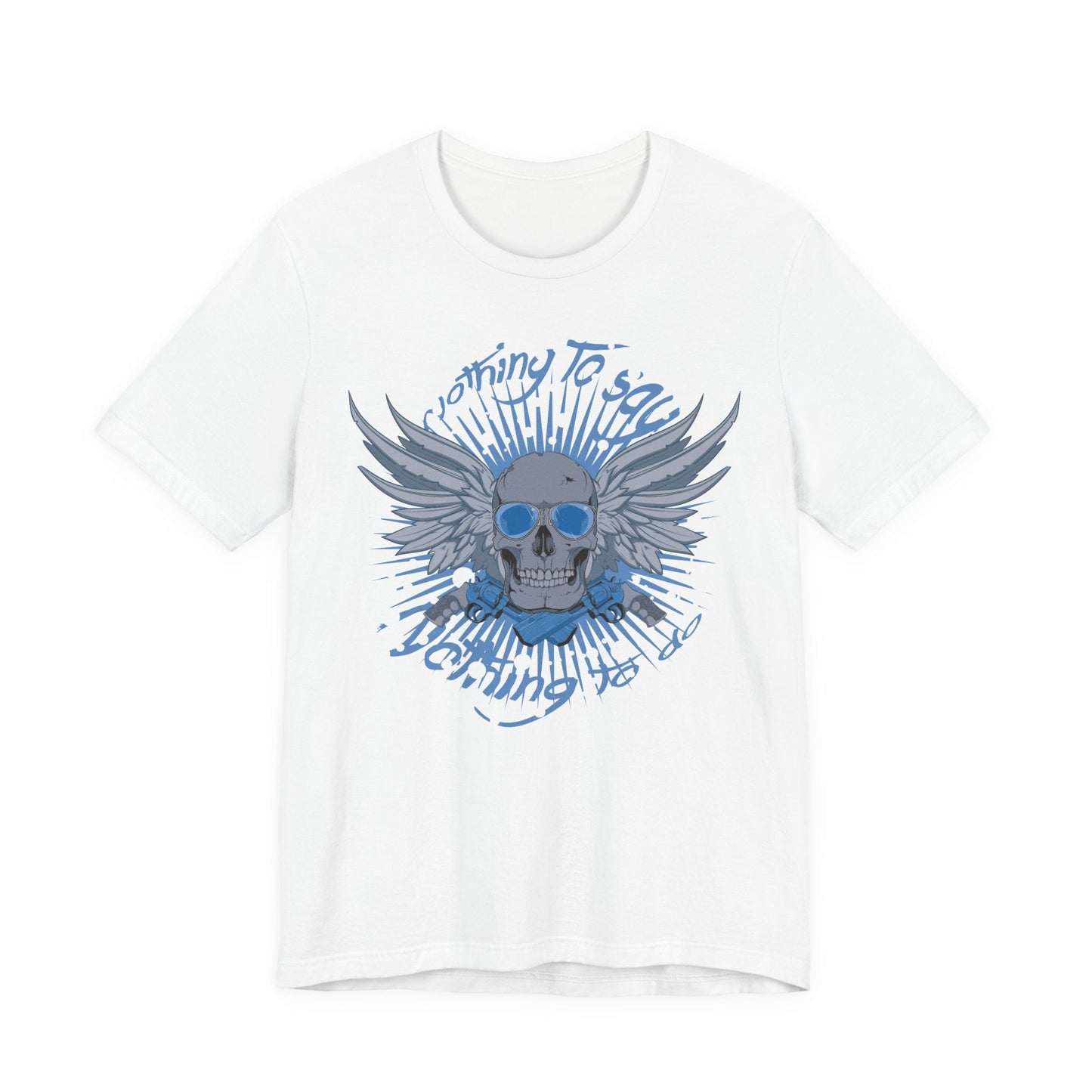 Winged Skull Graphic Tee | Blue Skull with Wings, Radiant Burst