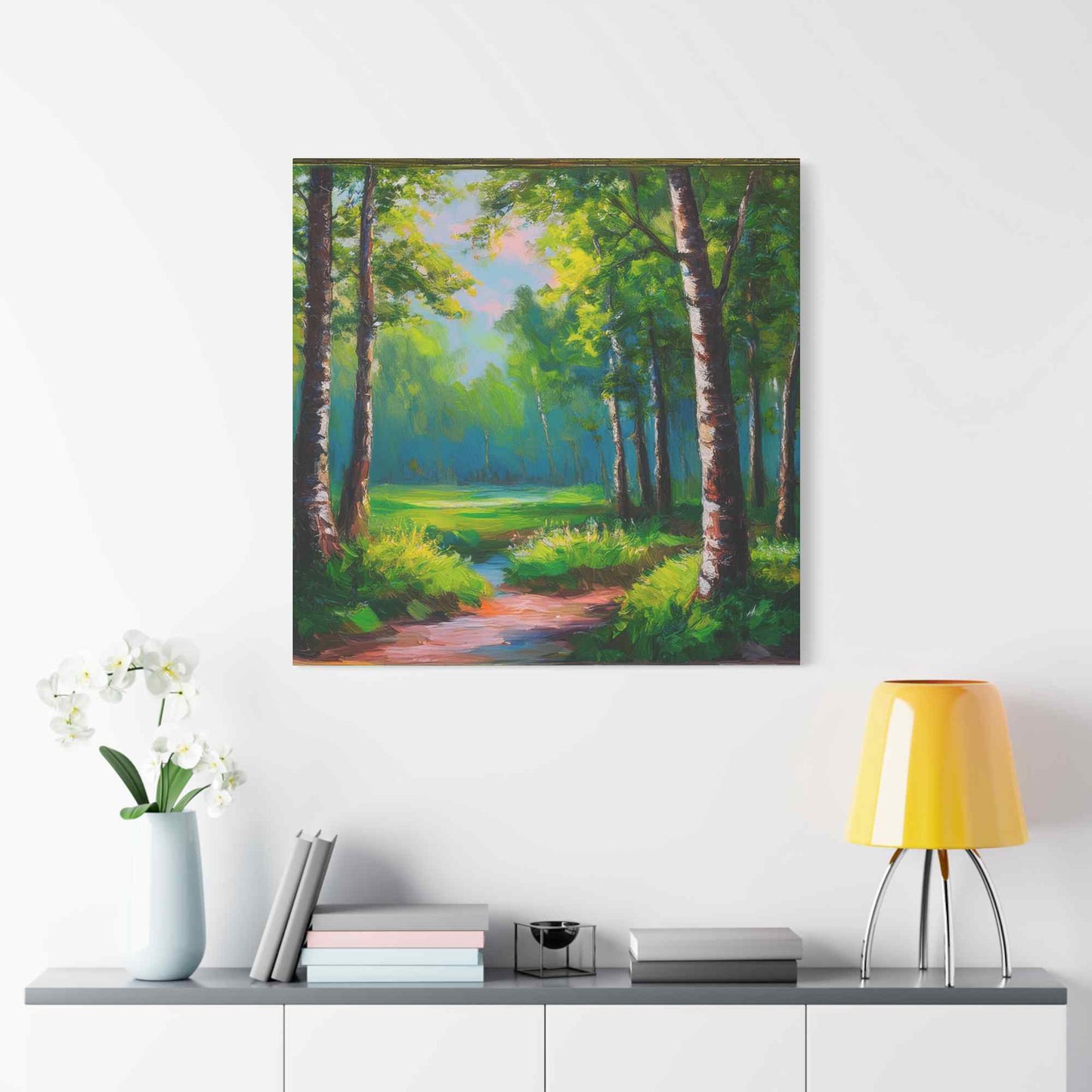 Summer Forest Print Canvas, Oil Paint Print 20x20, 24x24, 30x30, 32x32, 36x36 Art Design Print Pine-Wood Inner Frame MC-84