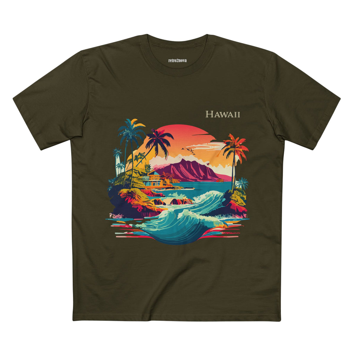 Hawaii Retro Sunset Surf Scene Tee | Palm Trees, Waves, Island Graphic