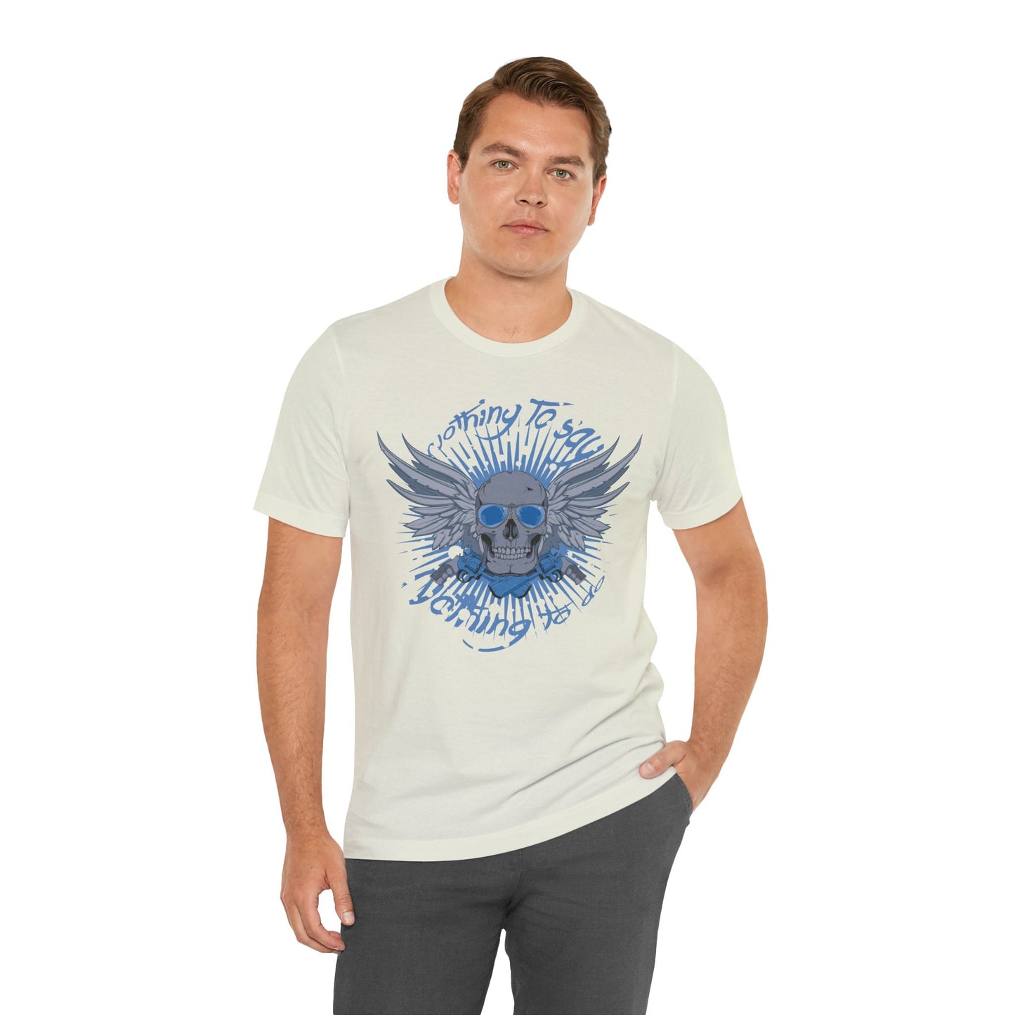 Winged Skull Graphic Tee | Blue Skull with Wings, Radiant Burst