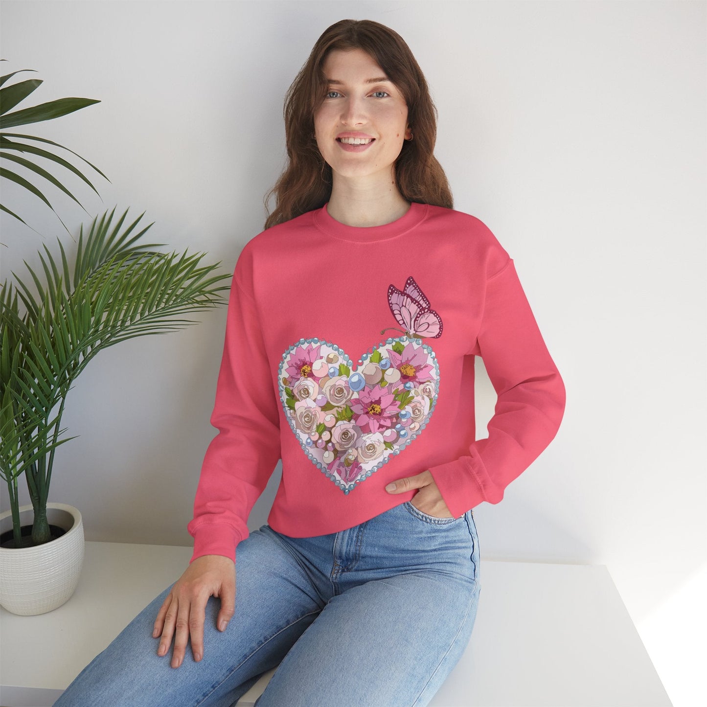 Floral Heart Sweatshirt Unisex Crewneck Valentines Day 50 50 Heavy Blend Gildan 18000