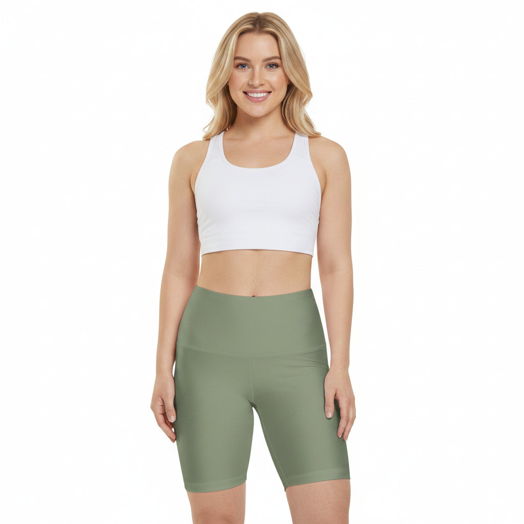 Dusty Sage Green Olive High-Waist Women's Workout Shorts — Seamless Biker Activewear