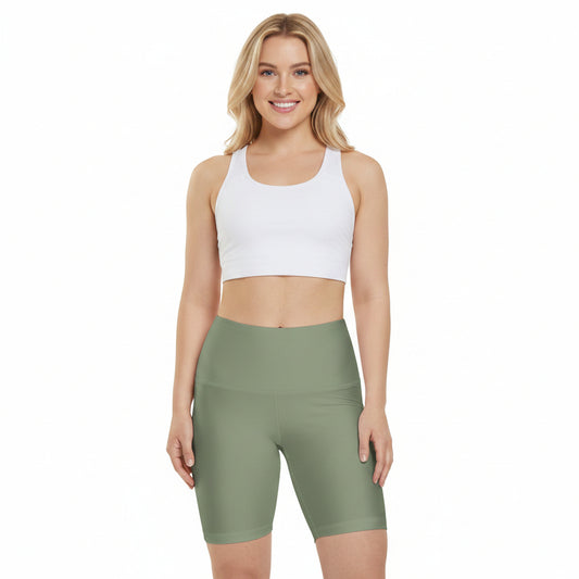 Dusty Sage Green Olive High-Waist Women's Workout Shorts — Seamless Biker Activewear