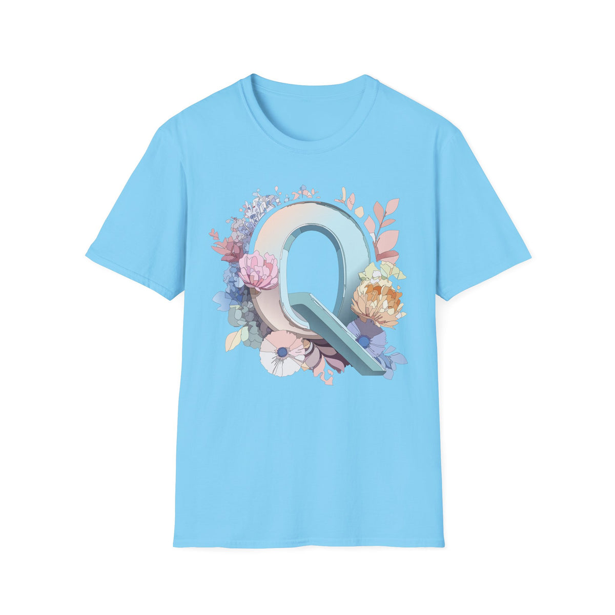 Floral Letter Q T-Shirt | Monogram Initial Tee, Pastel Botanical Alphabet