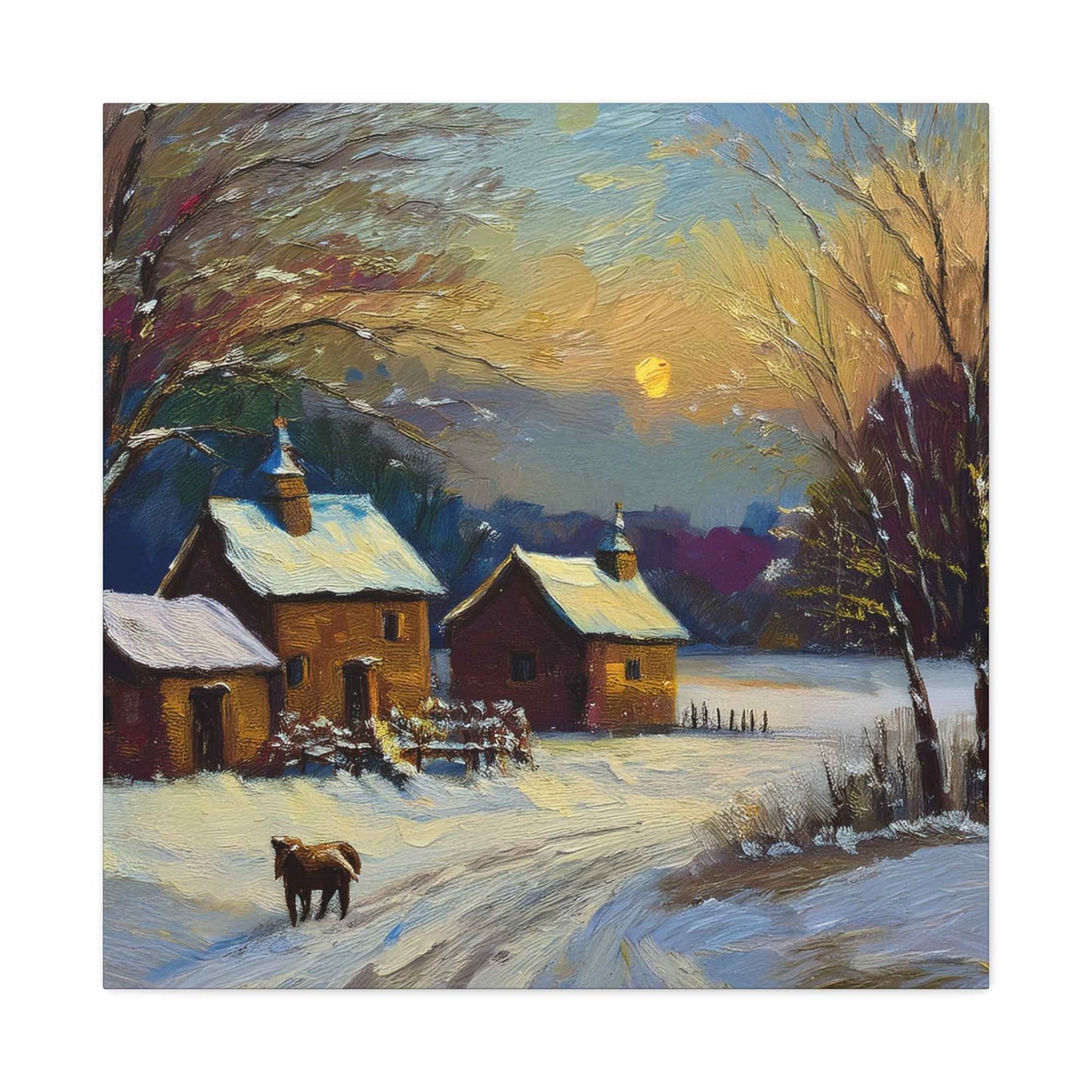Countryside Winter Print Canvas, Oil Paint Print 20x20, 24x24, 30x30, 32x32, 36x36 Art Design Pine-Wood Inner Frame MC-111