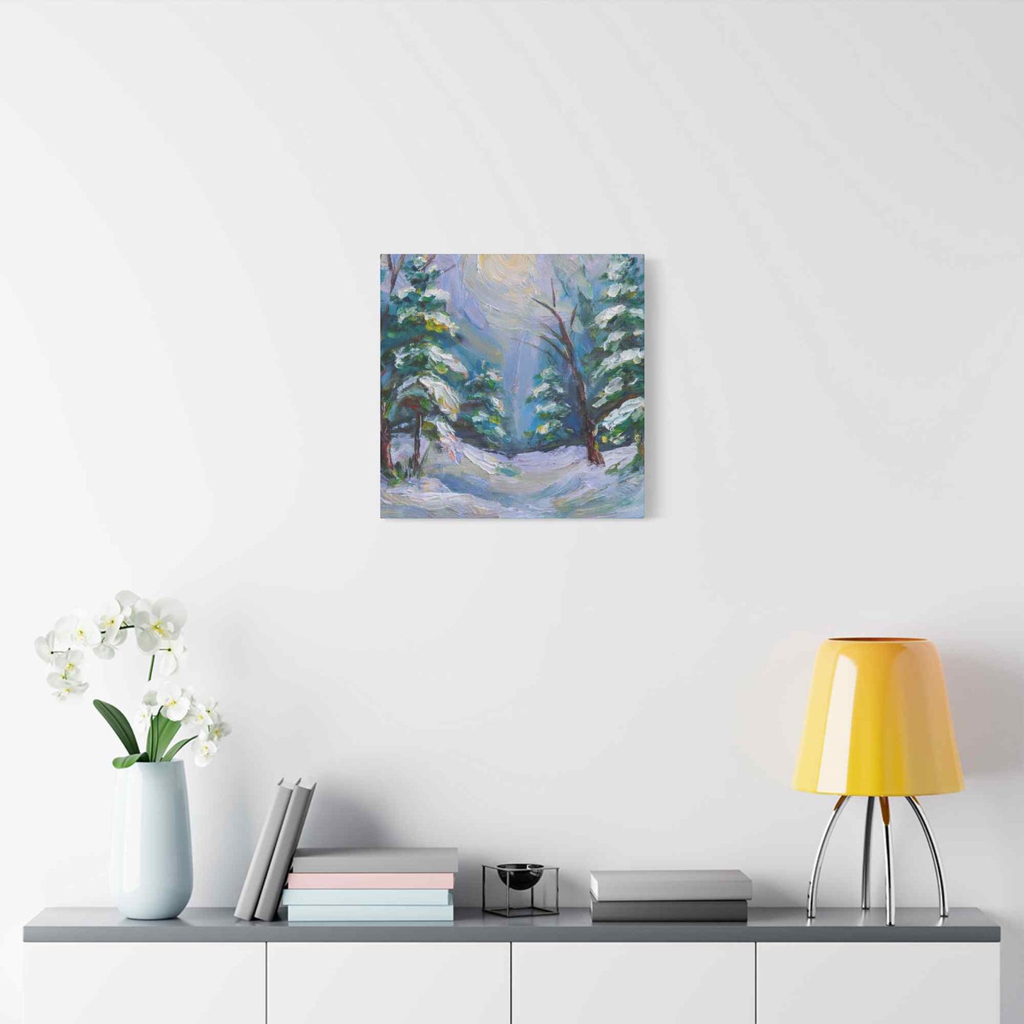 Snow Forest Print Canvas, Oil Paint Print 20x20, 24x24, 30x30, 32x32, 36x36 Art Design Print Pine-Wood Inner Frame MC-78