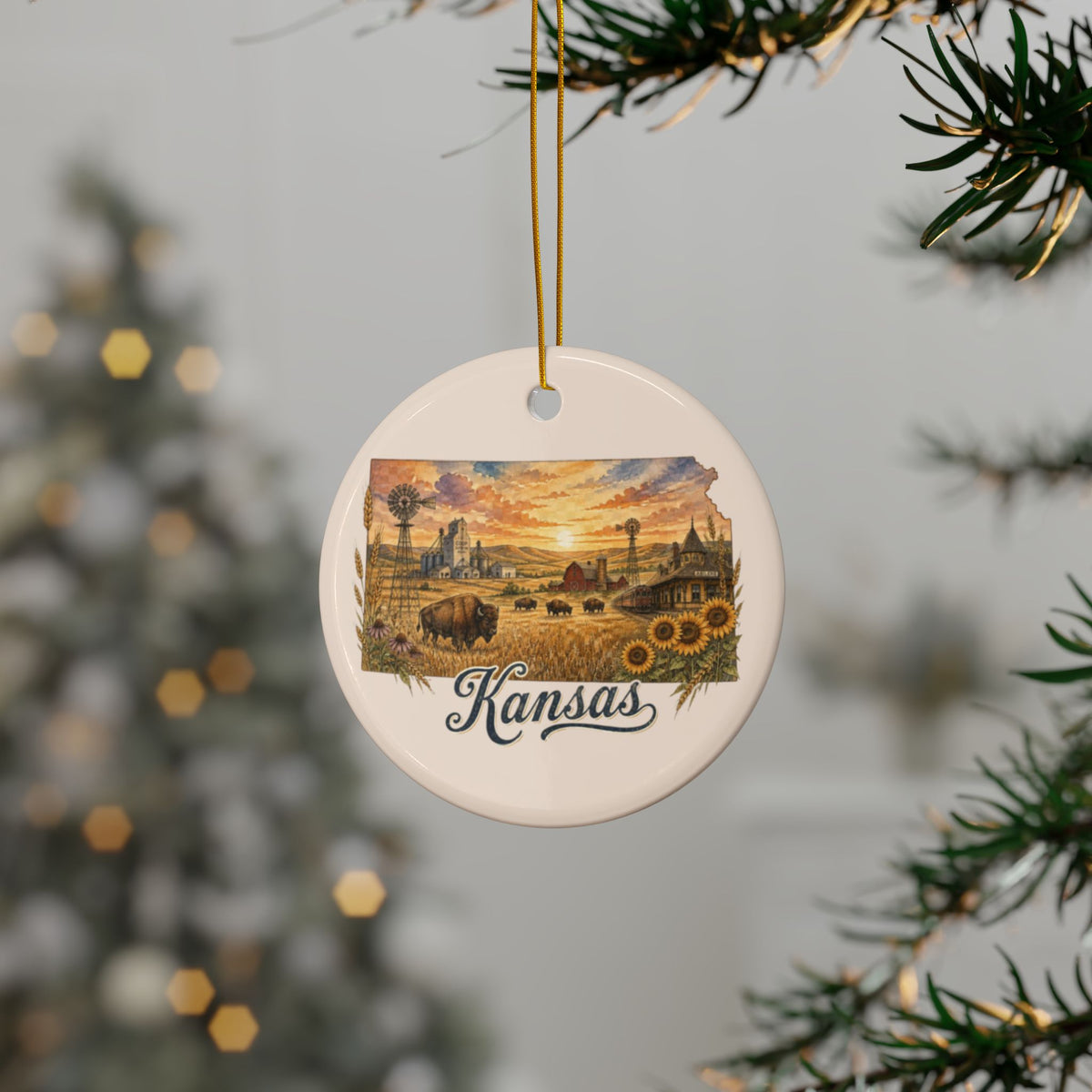 Kansas Vintage Prairie Scene Ceramic Ornament | Round 2-Side Print - 2.99" Includes Gold String