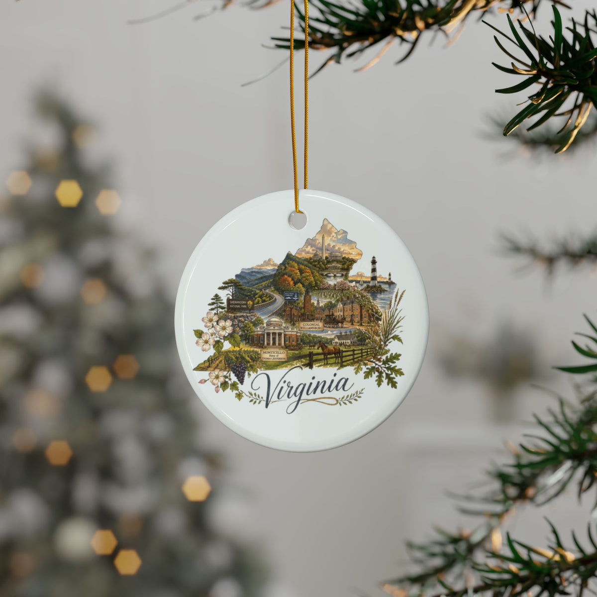 Virginia State Map Collage Ornament ceramic round ornament | Virginia landmarks - 2.99" Includes Gold String