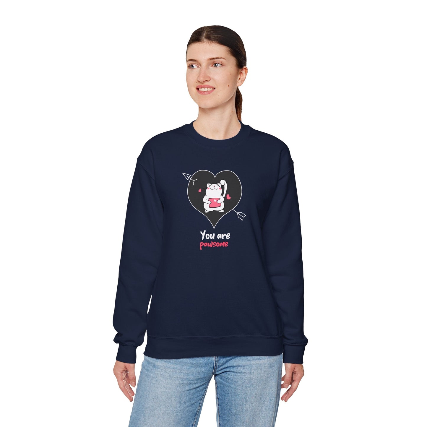 Cat Heart Sweatshirt Unisex Valentines Day Fifty Fifty Cotton Poly Crewneck Gildan 18000