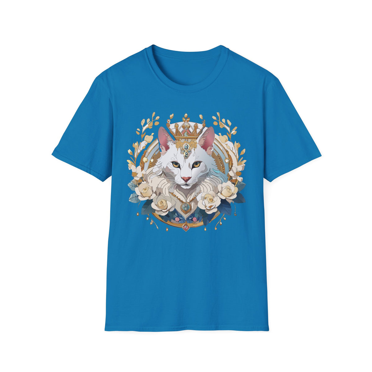Regal White Cat Illustration T-Shirt | Crowned Feline, Floral Frame