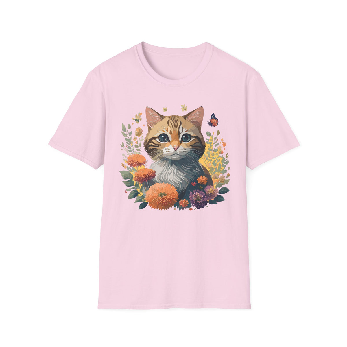 Cute Tabby Kitten Floral Illustration T-Shirt | Cat, Butterfly, Wildflowers
