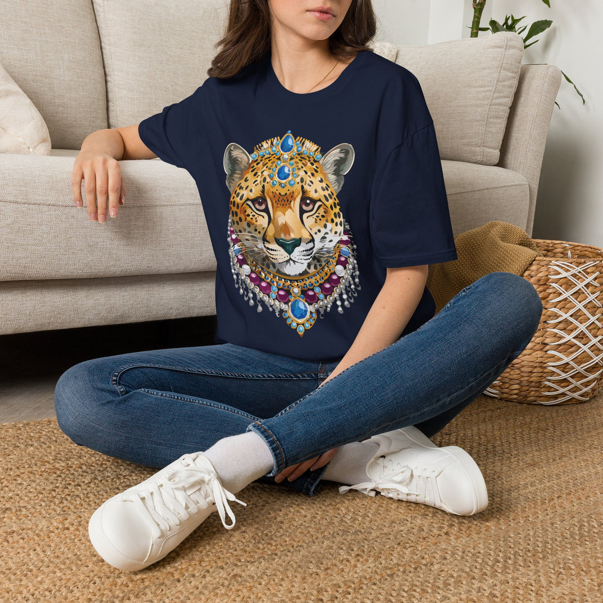 Jeweled Cheetah Face T-Shirt | Ornate Gemstone Leopard Illustration