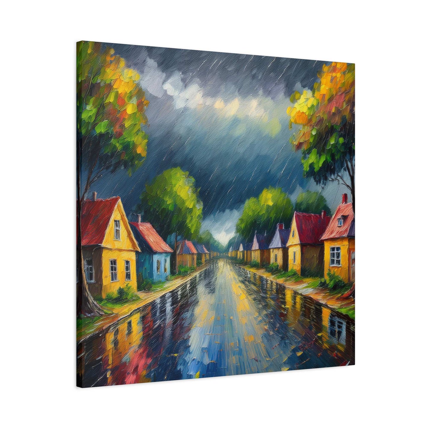 Rainy Village Street Canvas, Matte Oil Paint Print 20x20, 24x24, 30x30, 32x32, 36x36, Art Design Print Non-Frame MC-3