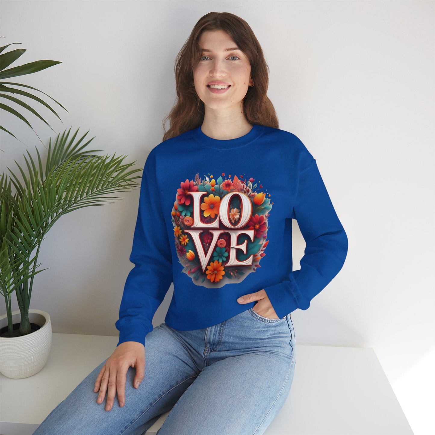 Floral Love Valentines Day Sweatshirt Unisex Heavy Blend Crewneck 50/50 Cotton Polyester Gildan 18000