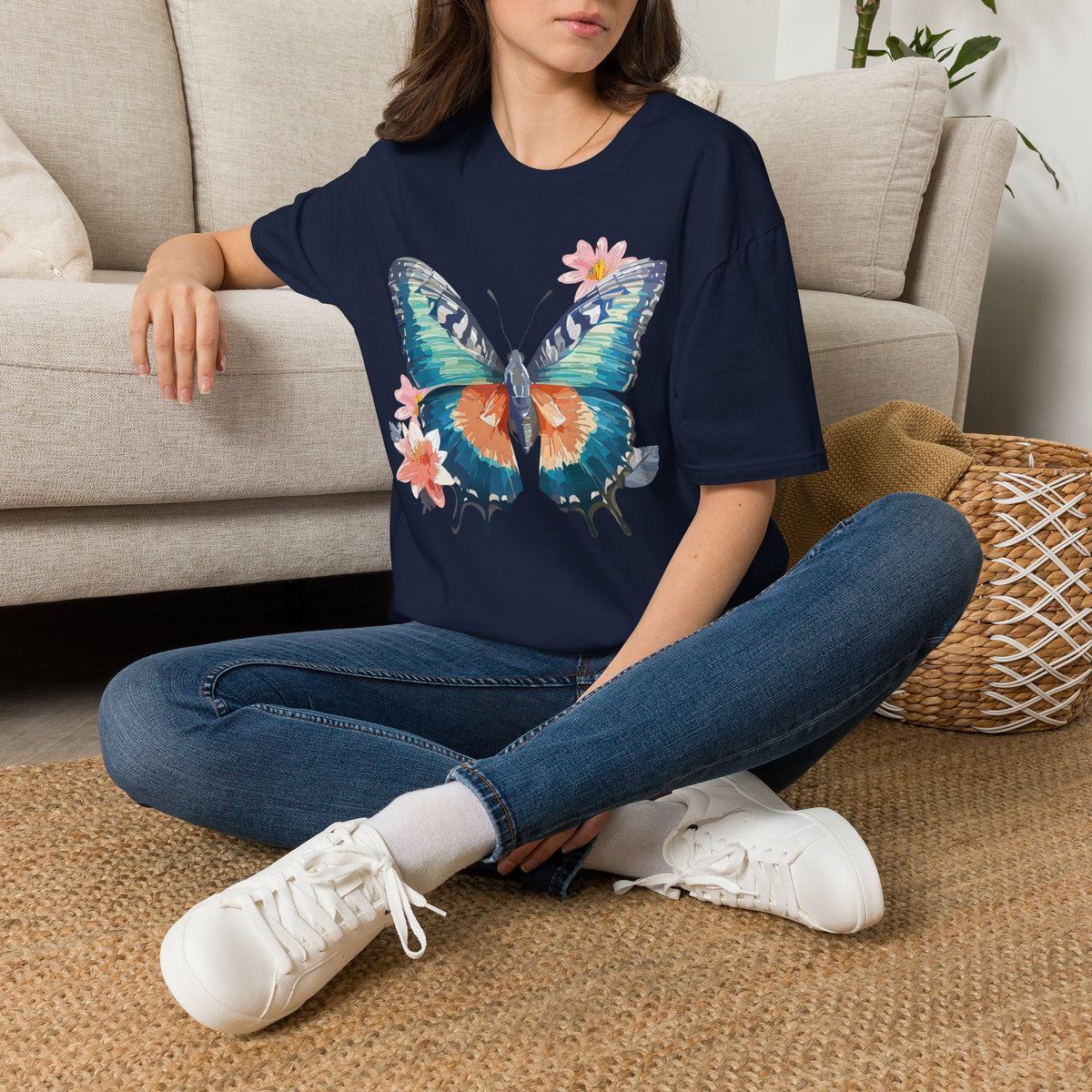 Butterfly Watercolor T-Shirt — Floral Blue Orange Butterfly Graphic Tee Unisex 100 Cotton Gildan T-Shirt