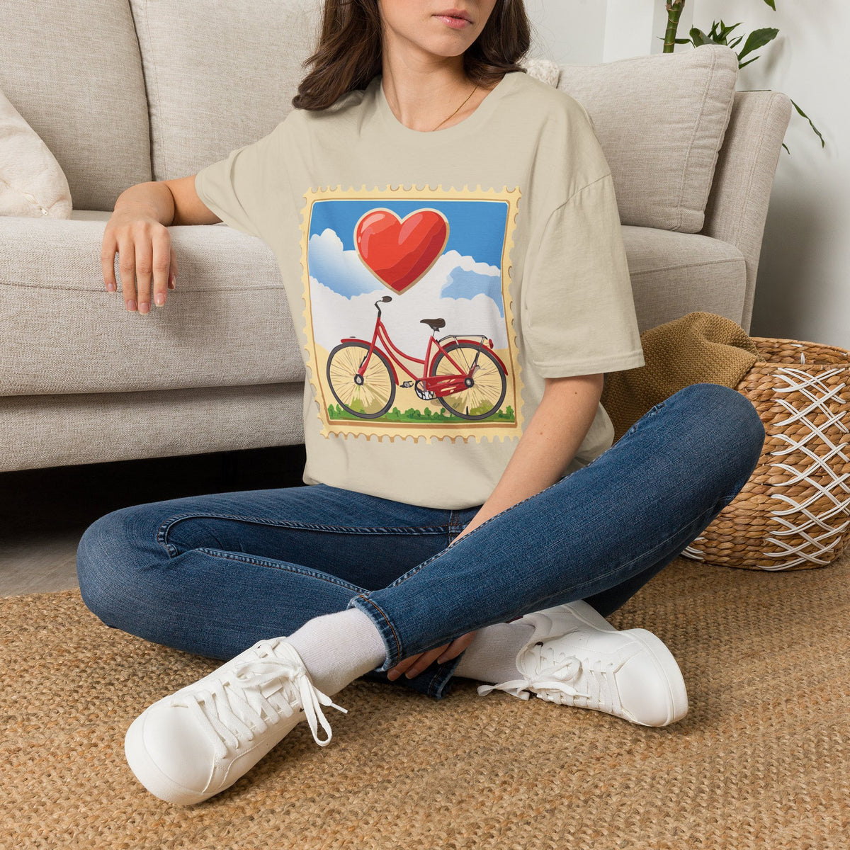 Heart Balloon Bicycle T-Shirt | Retro Stamp Illustration