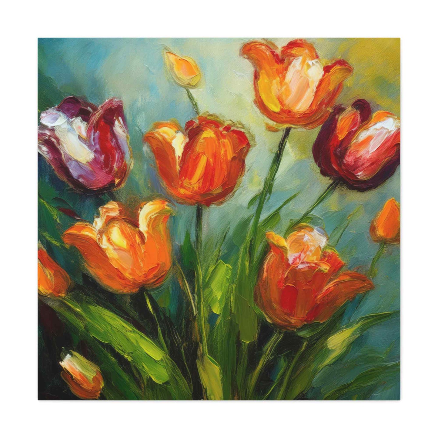 Tulips Print Canvas, Floral Oil Paint Print 20x20, 24x24, 30x30, 32x32, 36x36 Art Design Pine-Wood Inner Frame MC-142