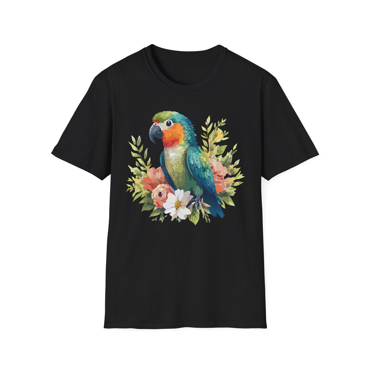 Colorful Parrot Floral Illustration T-Shirt | Tropical Bird Tee