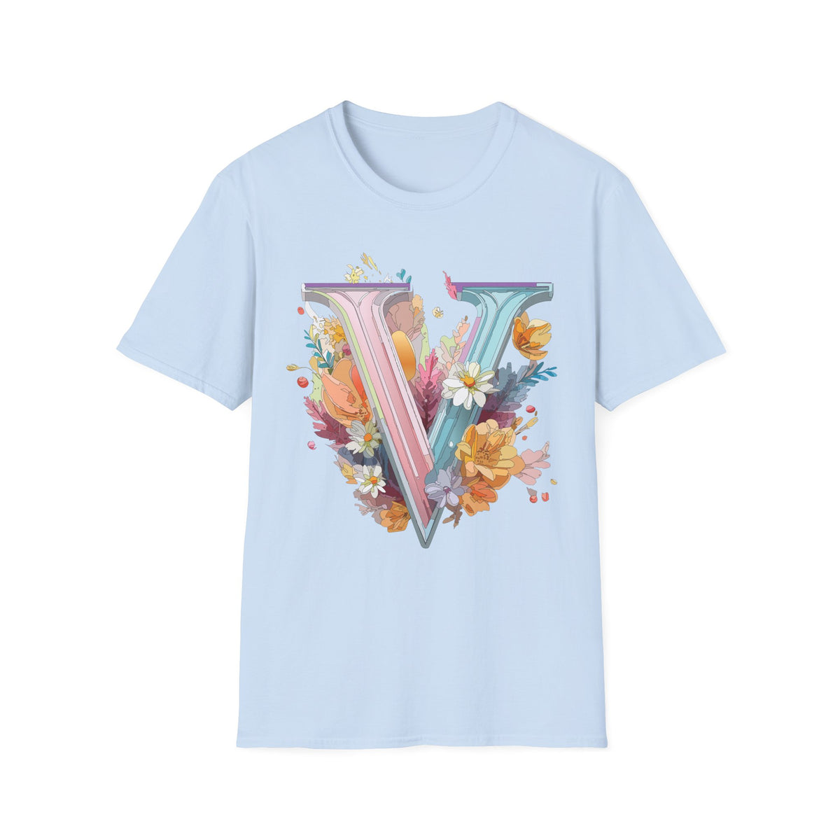 Floral Letter V T-Shirt | Pastel Botanical Initial Tee
