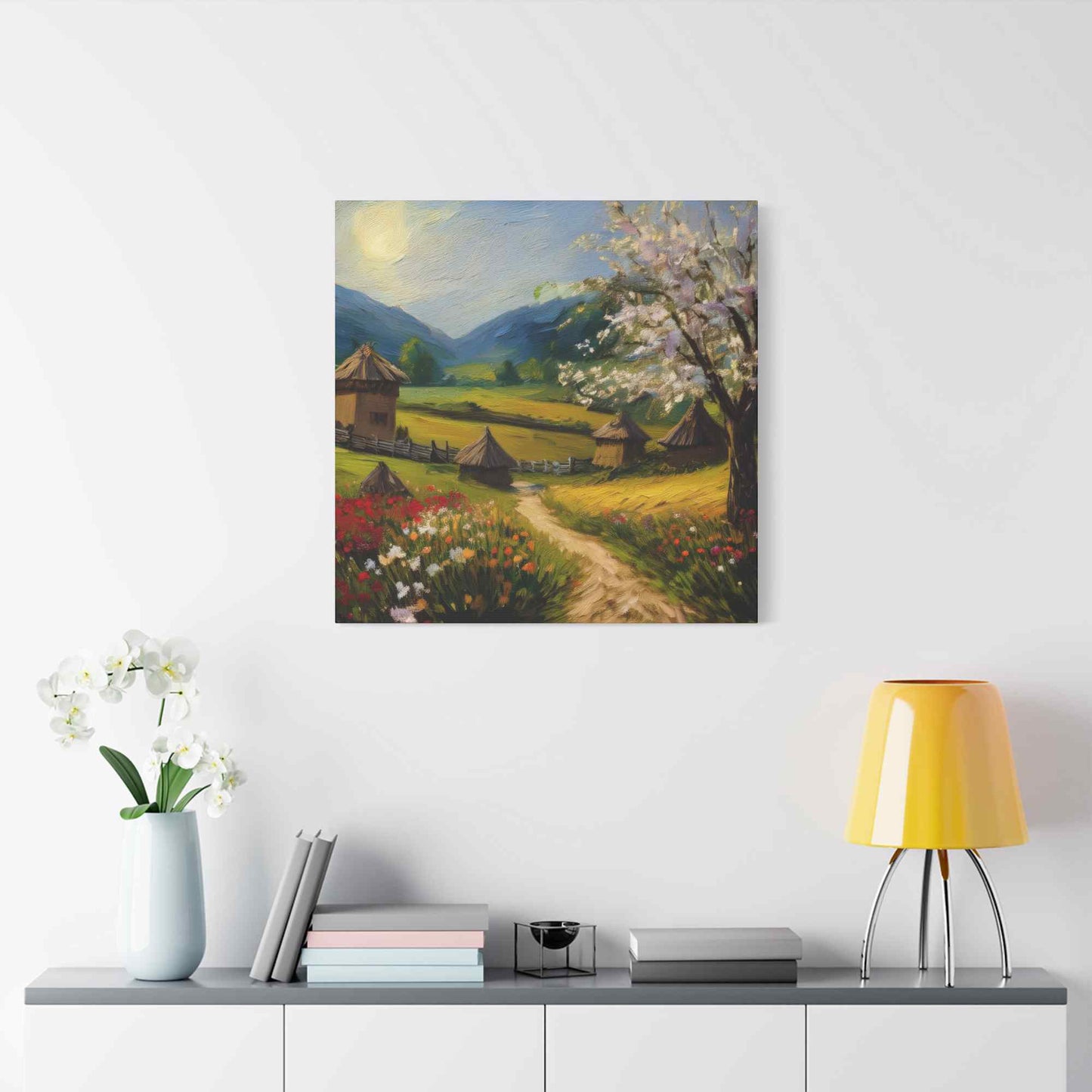 Countryside Spring Print Canvas, Oil Paint Print 20x20, 24x24, 30x30, 32x32, 36x36 Art Design Pine-Wood Inner Frame MC-109