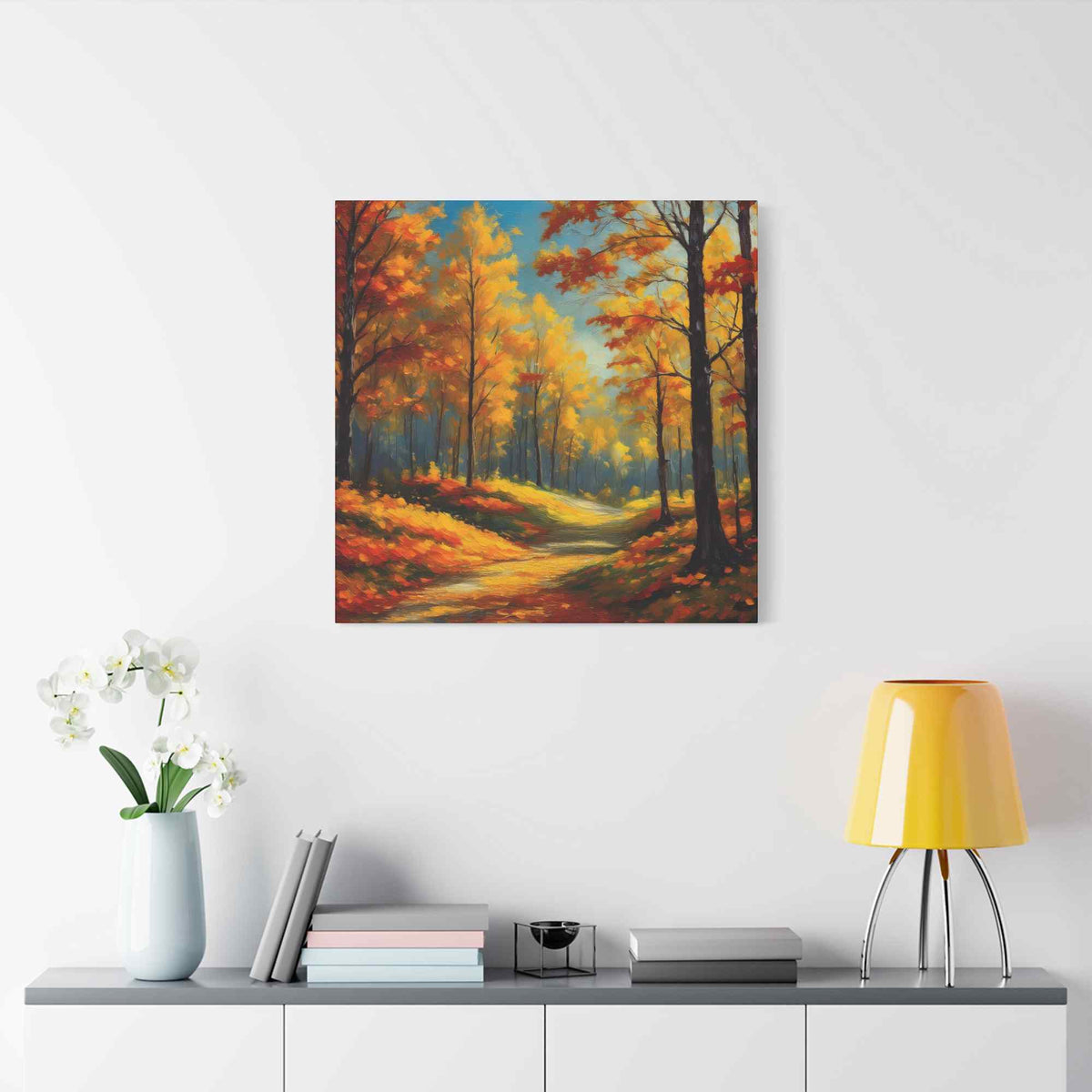 Fall Forest Print Canvas, Oil Paint Print 20x20, 24x24, 30x30, 32x32, 36x36 Art Design Canvas Pine-Wood Inner Frame MC-102