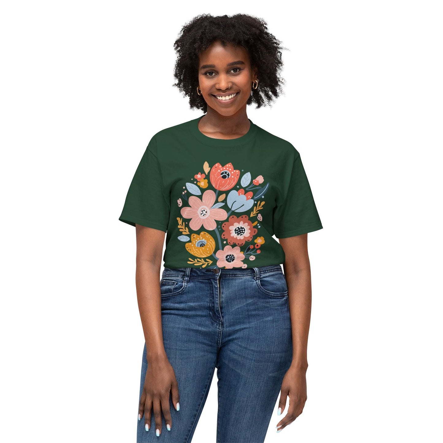 Unisex Floral Art T Shirt with Vintage Flowers Print One Hundred Percent Cotton Tee Printed In USA