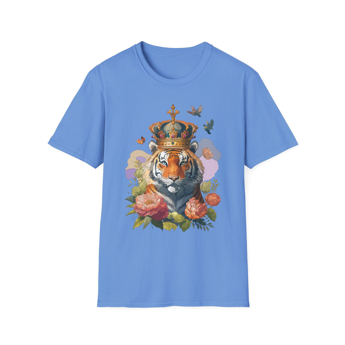 Crowned Tiger Illustration T-Shirt | Floral, Birds, Regal Wildlife Art - Unisex 100 Cotton Gildan 64000