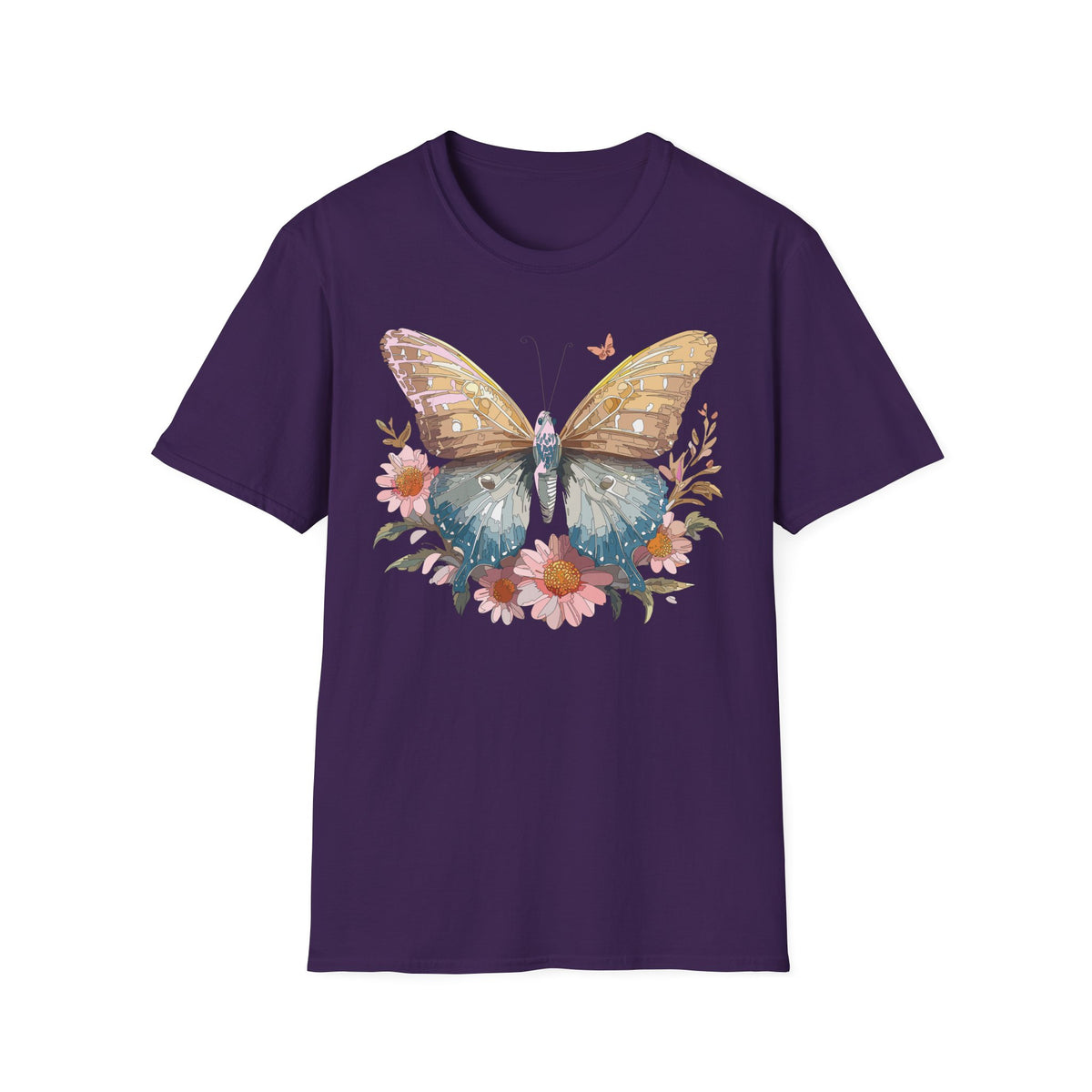 Butterfly Floral T-Shirt – Colorful Nature-Inspired Botanical Gift Graphic Design Unisex 100 Cotton Gildan T-Shirt