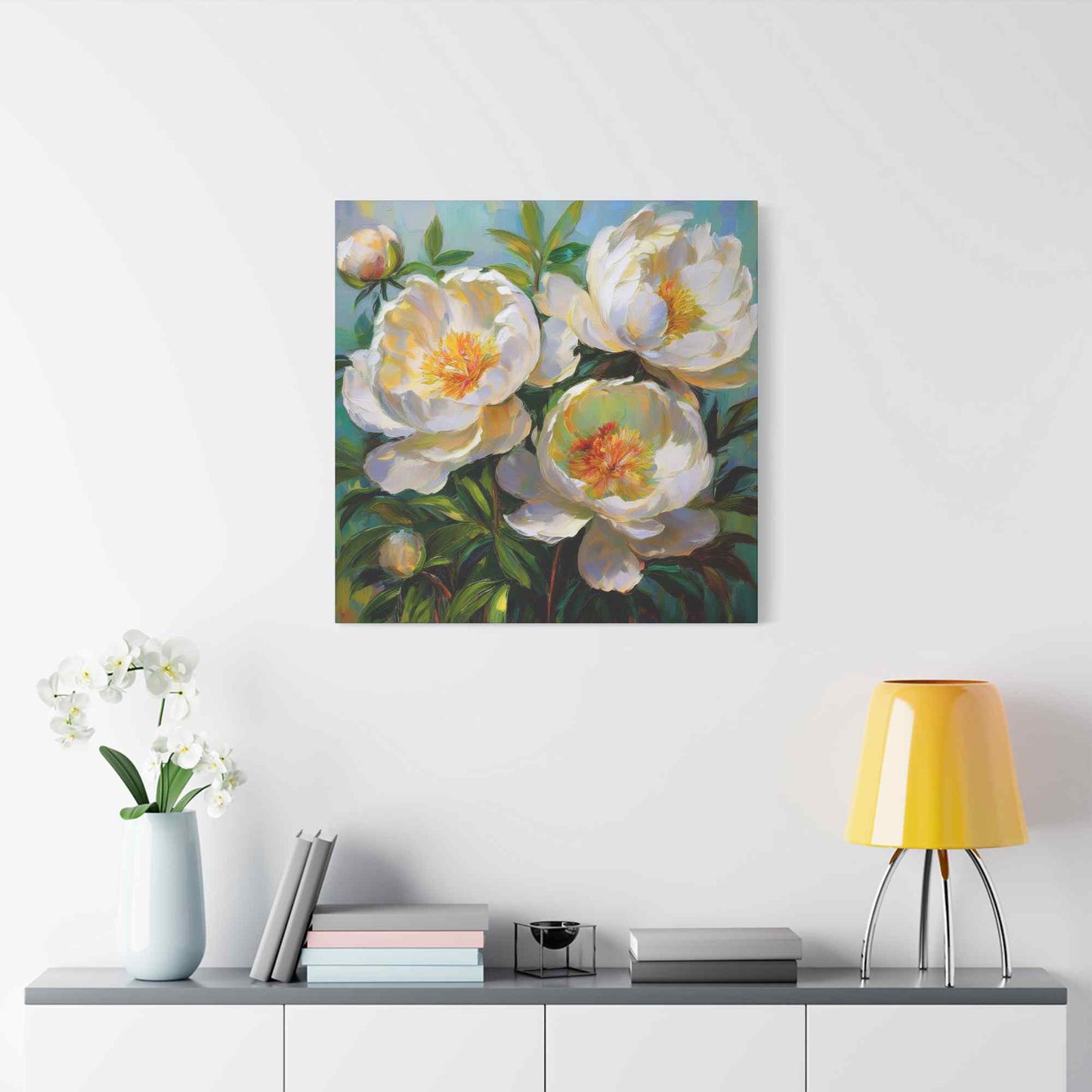 White Peonies Print Canvas, Floral Oil Paint Print 20x20, 24x24, 30x30, 32x32, 36x36 Art Design Pine-Wood Inner Frame MC-117